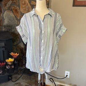 Sanctuary Linen Blend Button Down with Tie Front Short Sleeve Top